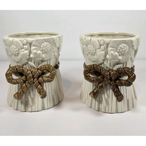 2 Vtg Fitz & Floyd White Flower Bouquet Vase Planter Brown Rope Bow 1975 MCMLXXV - Picture 1 of 12
